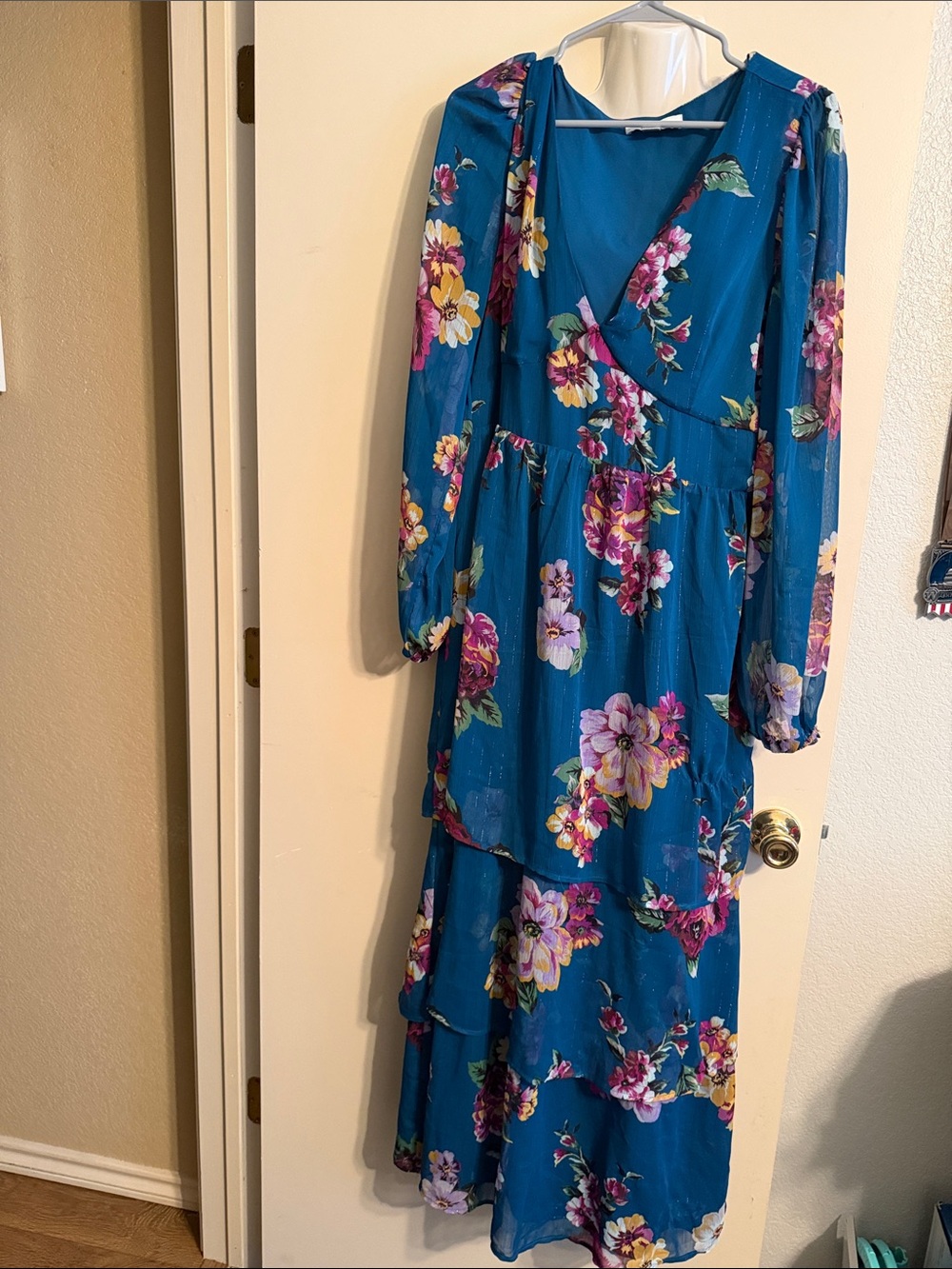 Teal Floral Wrap Maxi Dress with Long Sleeves